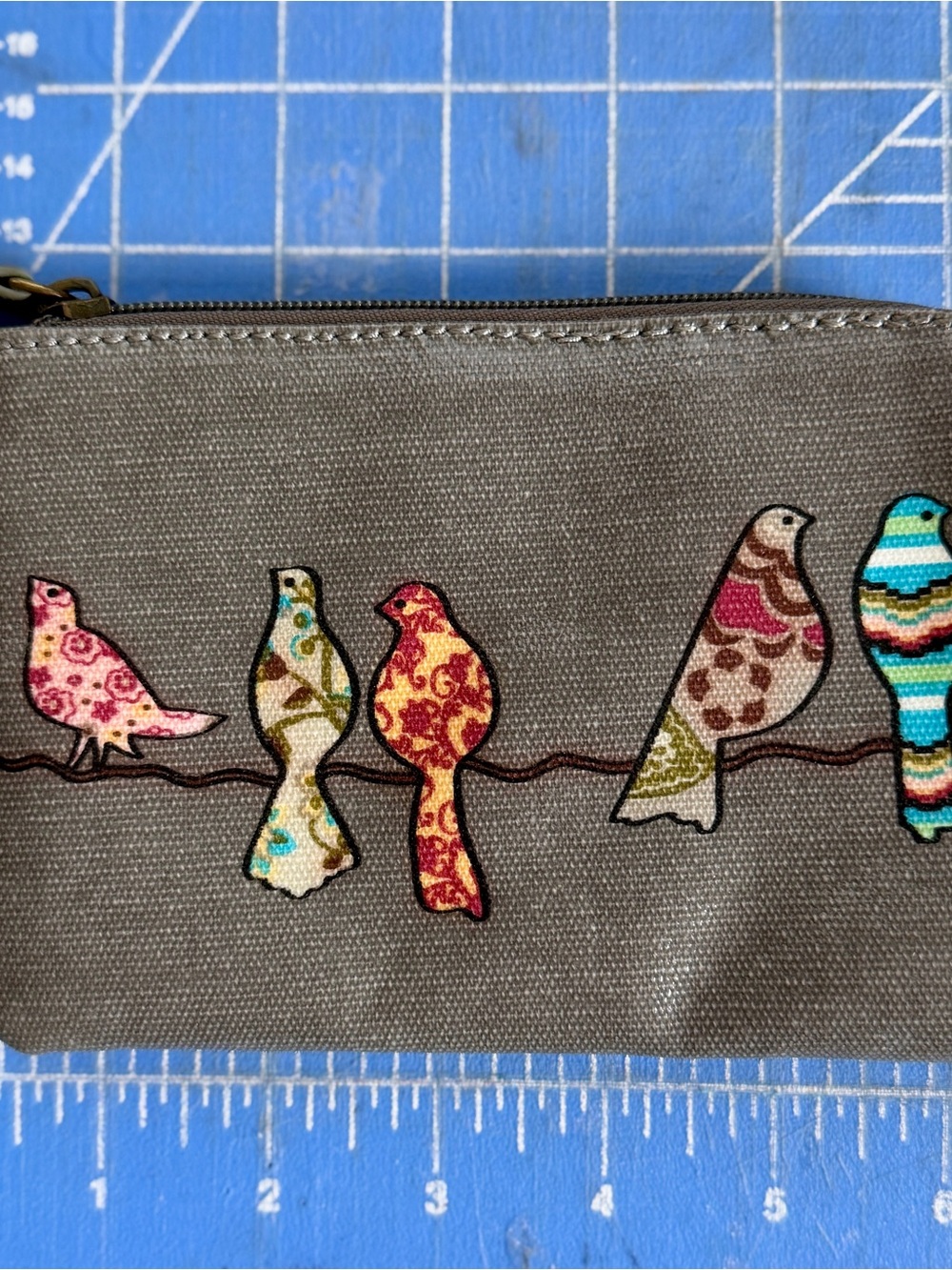 Embroidered Bird Canvas Wristlet in Gray with Colorful Birds